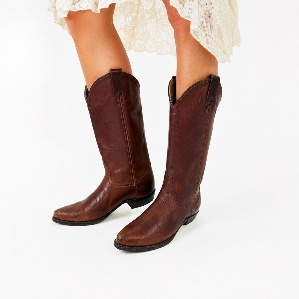 Western Cowboy Boots Women Size 6M Brown Leather USA Mid Calf Pointed Toe